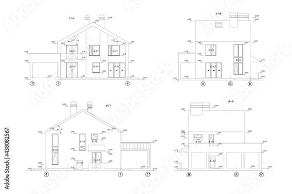 Fototapeta Private house facade sections, detailed architectural technical drawing, vector blueprint