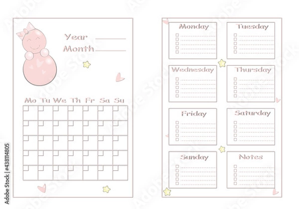 Fototapeta A set of monthly and weekly planner. Business organizer page. Schedule for children with cartoon characters.
