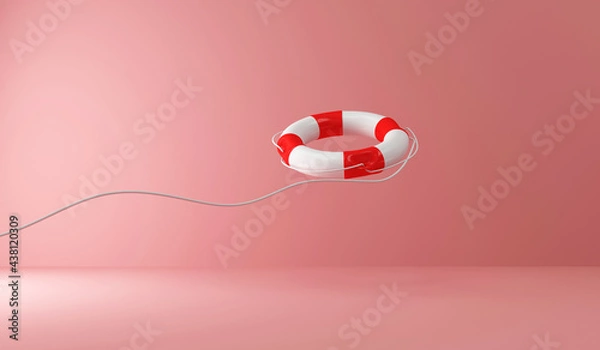 Fototapeta Red Lifebuoy with Rope on pink studio background