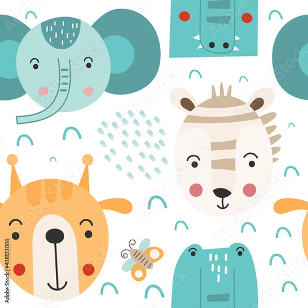 Fototapeta Seamless animals pattern baby fabric print. Vector patterns design kids illustration. Safari animals zebra, giraffe, crocodile.