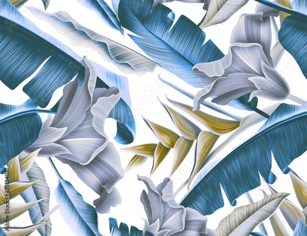 Obraz Colorful Seamless Pattern with tropic flowers and leaves. Palm leaf background. Fashion pattern design.