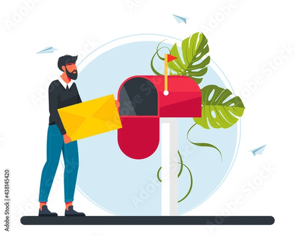 Fototapeta man carries a letter in the mailbox. Email concept illustration, Subscribe to newsletters, Email marketing businesses. Girl carries a letter to the post office. Idea of posta communication.