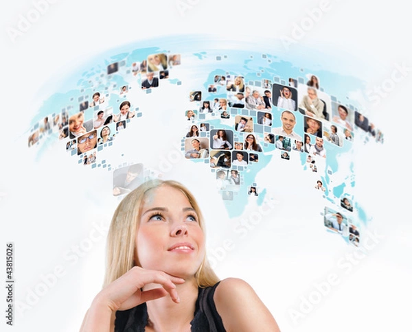 Obraz Young woman looking at virtual worldmap with photo of different