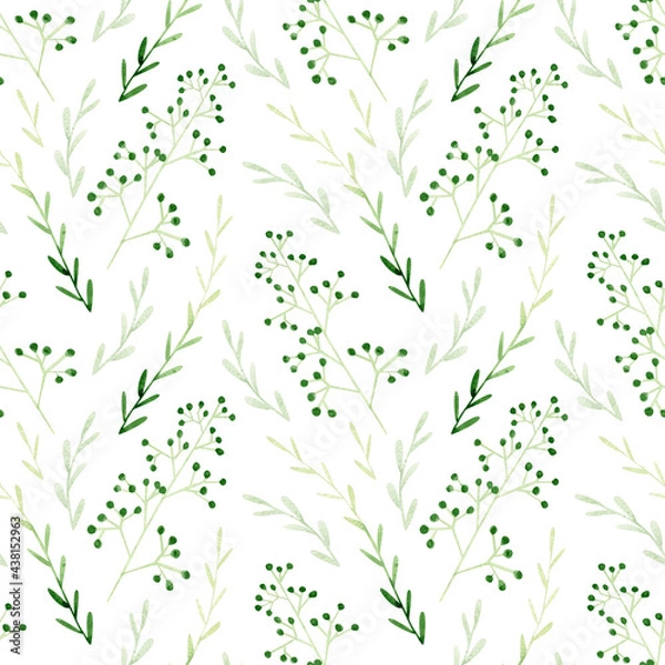 Fototapeta Seamless watercolor pattern with garden herbs. Background with green eucalyptus and olive leaves, branches
