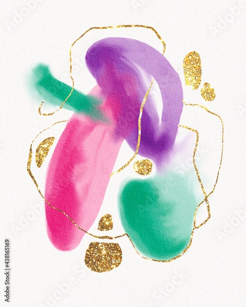 Fototapeta Watercolor abstract in delicate pastel colors with the addition of gold and lines. Textured paint strokes. Watercolour painting.