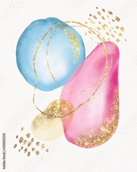 Obraz Watercolor abstract in delicate pastel colors with the addition of gold and lines. Textured paint strokes. Watercolour painting.