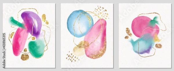 Obraz Watercolor abstract in delicate pastel colors with the addition of gold and lines. Textured paint strokes. Watercolour painting.
