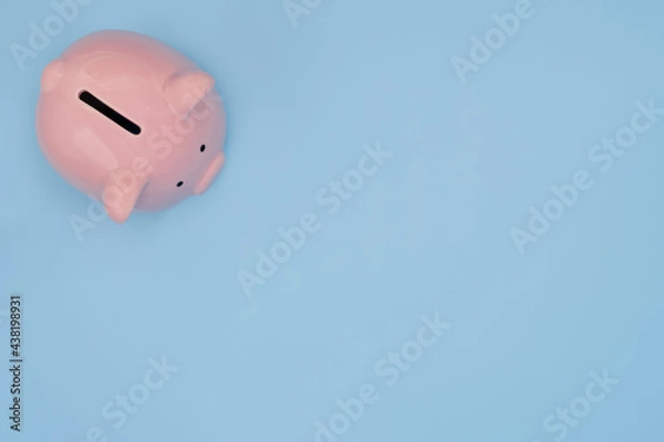 Fototapeta Top view of pink piggy bank for money saving isolated on light blue background with clipping path.