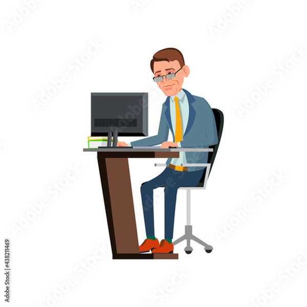 Fototapeta smiling man working at workplace on computer cartoon vector. smiling man working at workplace on computer character. isolated flat cartoon illustration