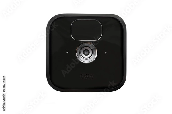 Fototapeta Black modern and minimal digital security camera with speaker on white background, front view isolated. Smart technology precaution and protection device to surveillance for house and property safe.