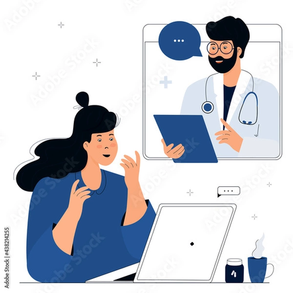Fototapeta Online doctor consultation. The patient is at a remote appointment with a therapist. A woman has a conversation with a medical worker by video call using laptop. Telemedicine concept.