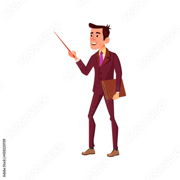 Fototapeta young man math teacher pointing at blackboard with stick and showing theorem cartoon vector. young man math teacher pointing at blackboard with stick and showing theorem character. isolated flat