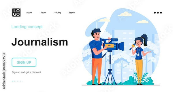 Fototapeta Journalism web concept. Woman reporting, man recording on camera. News program, mass media and press. Template of people scene. Vector illustration with character activities in flat design for website