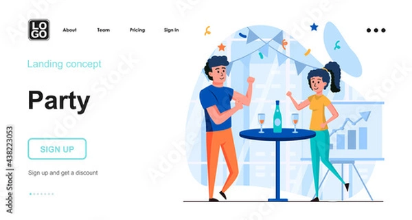 Fototapeta Corporate party web concept. Man and woman employees celebrate holiday. Colleagues drink and dance. Template of people scene. Vector illustration with character activities in flat design for website