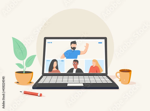 Obraz Osoby łączące się, ucząc się i spotykając online za pośrednictwem telekonferencji lub konferencji wideo pilota na komputerze laptopa, pracy z domu i wszędzie, ilustracja wektorowa wektor