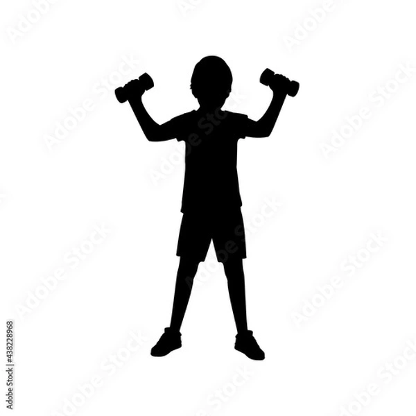 Fototapeta Silhouette boy working out with dumbbells