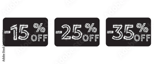 Fototapeta Vector set of realistic shining silver glitter sale icons 15%, 25%, 35% off. Discount tags, special offer labels. Isolated signs for design template.