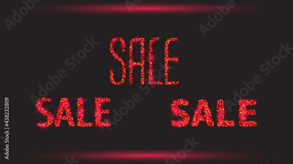 Fototapeta Vector set of realistic shining red glitter sale icons. Sale banner luxury design. Sparkling isolated text template on a black background.