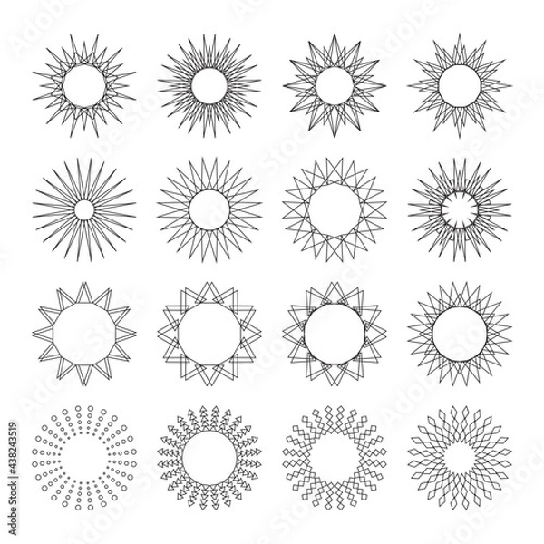 Fototapeta Black lines sun collection with geometric shapes. Stylized sun icons pattern. Sketch burst contour logo star, sunrise, sunburst. Vector set of vintage, retro or hipster sun rays design elements.