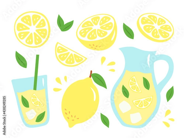 Fototapeta Set of lemons, leaves and lemonade in a hand-drawn style. Vector illustration with different parts of a lemon, a glass and a jug of lemonade. Perfect for a poster in a cafe or in the kitchen