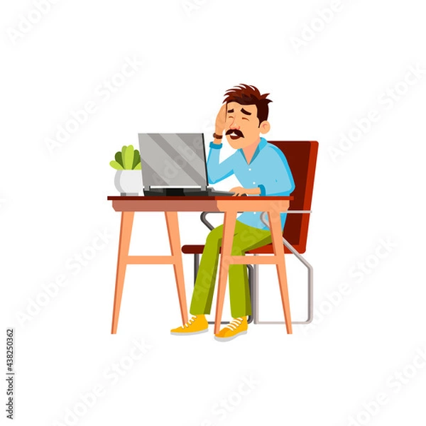 Fototapeta man worker with headache working at workplace cartoon vector. man worker with headache working at workplace character. isolated flat cartoon illustration