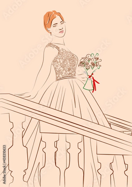 Obraz Beige background. Bride with a bouquet of flowers stands at the railing