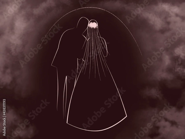 Obraz pale pink silhouettes of the bride and groom on a black background. Newlyweds stand at sunrise. Shrouded in fog