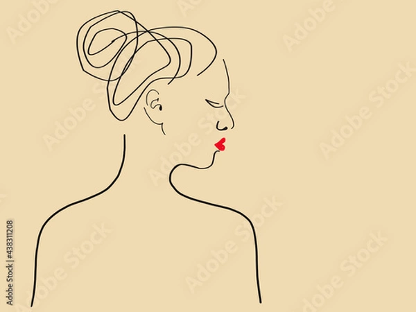 Fototapeta Beige background. Black lines. Silhouette of a girl in profile from the back. The hair is combed high at the back of the head. The lips are bright scarlet.