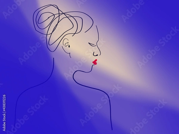 Obraz Blue background with a beige shade of skylight. Black lines. Silhouette of a girl in profile from the back. The hair is combed high at the back of the head. The lips are bright scarlet.