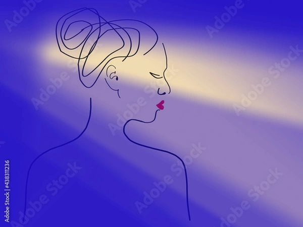 Obraz Blue background with a beige shade of skylight. Black lines. Silhouette of a girl in profile from the back. The hair is combed high at the back of the head. The lips are bright scarlet.