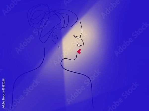 Obraz Blue background with a beige shade of skylight. Black lines. Silhouette of a girl in profile from the back. The hair is combed high at the back of the head. The lips are bright scarlet.