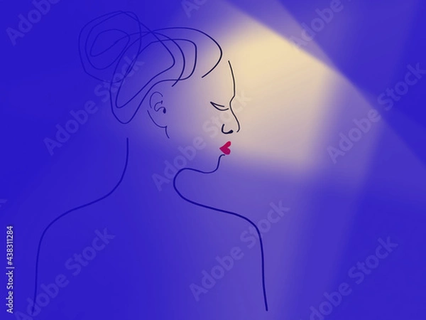 Obraz Blue background with a beige shade of skylight. Black lines. Silhouette of a girl in profile from the back. The hair is combed high at the back of the head. The lips are bright scarlet.