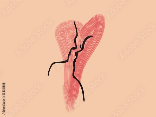 Obraz Beige background. Black lines. Silhouette of a girl in profile from the back. The hair is combed high at the back of the head. The lips are bright scarlet.