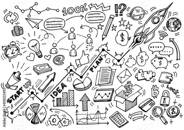 Obraz Hand drawn Business doodles element related startup to success.