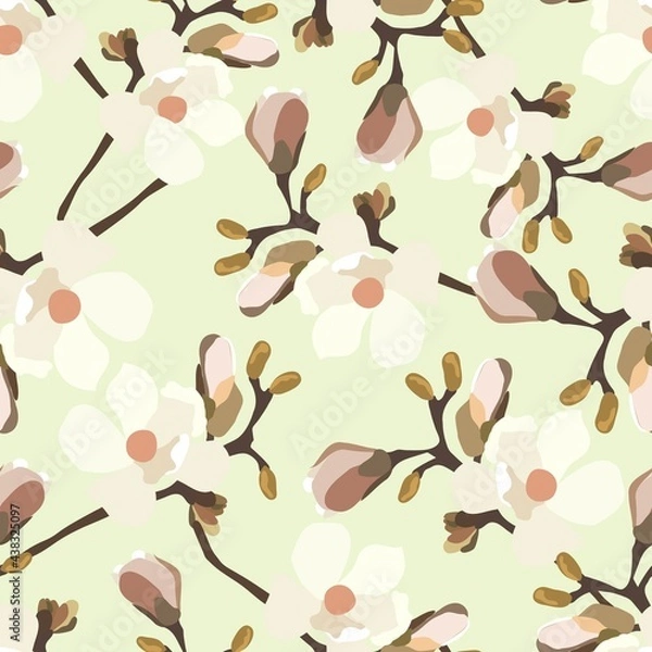 Fototapeta Vintage flowers. Seamless pattern. A branch of a blossoming tree. Flat vector isolated illustration. Pastel colors.