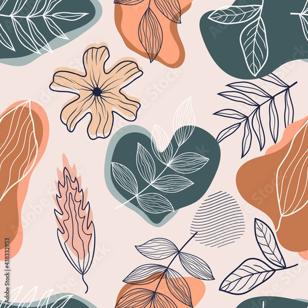 Fototapeta Seamless pattern with abstract botanical floral tropical leaves line art sketch style vector illustration.