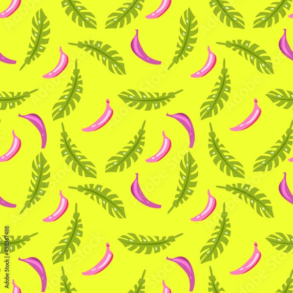 Fototapeta Vector pattern of pink bananas and green leaves on a yellow background.