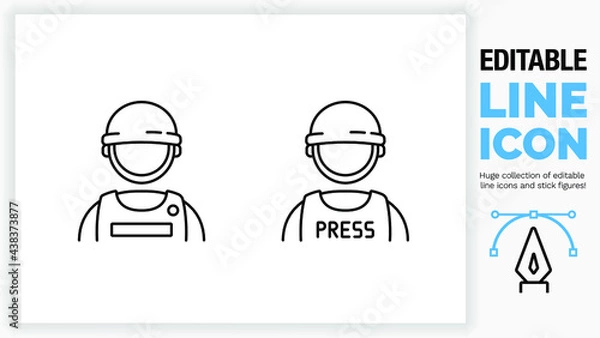 Obraz Editable line icon of a soldier and press in a conflict zone