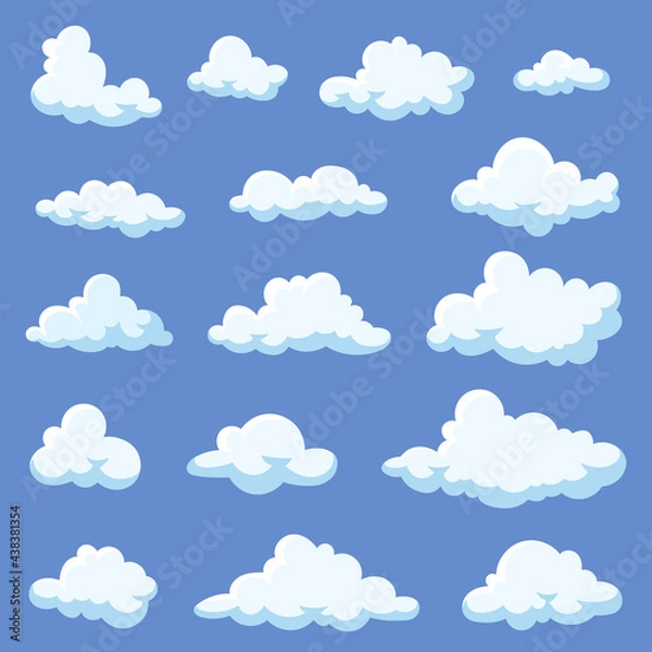 Fototapeta Set of cartoon clouds isolated on blue background. White fluffy vapors illustrations in 2d style. Calm atmosphere, bright blue sky, heaven. Nature, weather concept for adverts or banners design