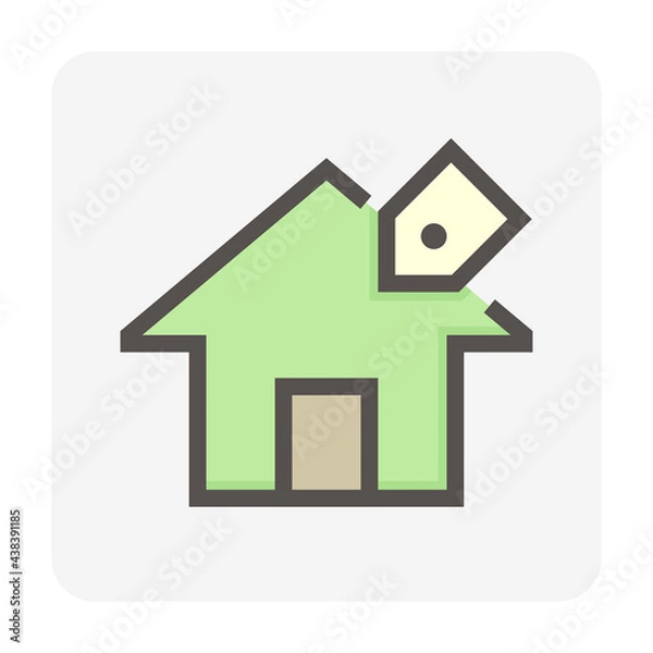 Fototapeta House for sale vector icon. That foreclose real estate or property consist of home or house building and price tag. Also for development, owned, rent, buy, purchase or investment. 48x48 pixel.