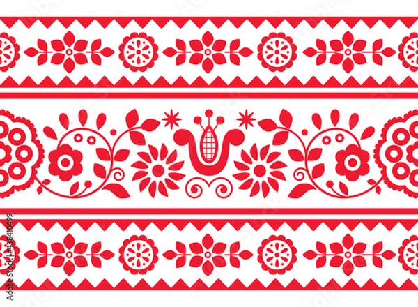 Fototapeta Polish long horizontal vector seamless embroidery pattern with flowers and hearts inspired by folk art embroidery Lachy Sadeckie - textile or fabric print ornament
	