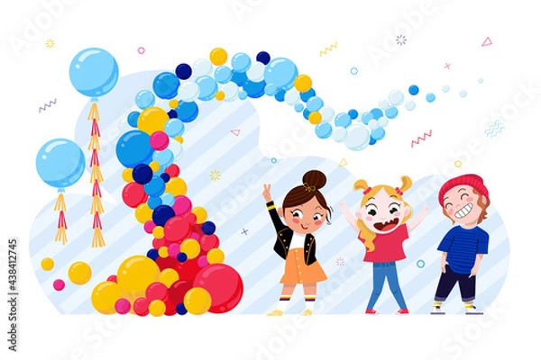 Obraz Kids party illustration set in red blue red bright colors. Includes balloon garland arch and tree child characters. Good for childish festive designs.