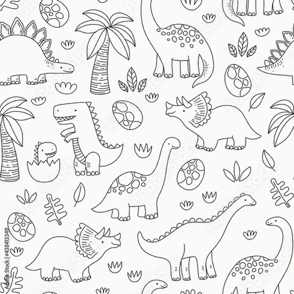 Fototapeta Cute dinosaur seamless pattern. Black and white outlines in cartoon style.