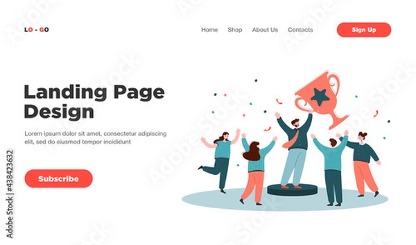 Obraz Team of tiny office people employees winning gold cup flat vector illustration. Cartoon happy characters with award or trophy. Business achievement and teamwork concept