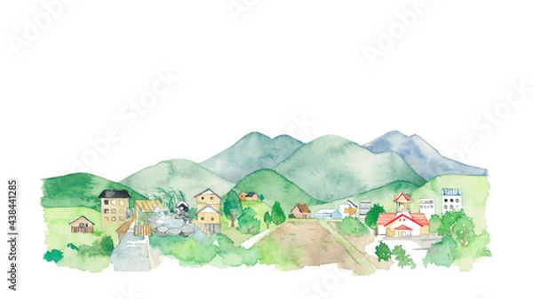 Obraz 温泉街と里山の風景
