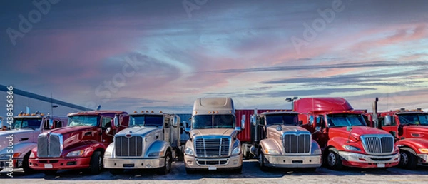 Obraz Semi trucks lined up on a parking lot at logistics warehouse