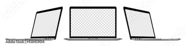 Fototapeta Realistic laptop computer mockup set : front view, sideway view. Isolated perspective devices with empty screens on white background. Editable blank screen mock-up. Vector illustration.