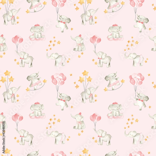 Fototapeta Baby elephant watercolor illustration nursery pattern for girls