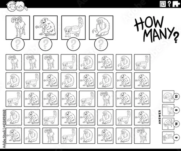 Fototapeta how many cartoon animals counting game coloring book page