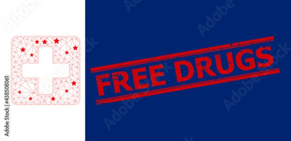 Fototapeta Mesh medical box polygonal icon vector illustration, and red FREE DRUGS rough watermark. Carcass model is created from medical box flat icon, with stars and polygonal net.